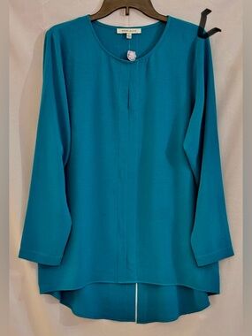 Rose & Olive Teal Pleated-Front Long Sleeve Tunic Top